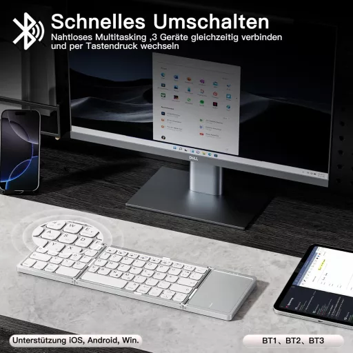 Vobafe Összehajtható Bluetooth Billentyűzet Touchpaddal - Hordozható Mini Billentyűzet 3 Bluetooth Csatornával iOS, Android, Windows Eszközö
