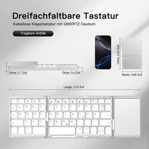 Vobafe Összehajtható Bluetooth Billentyűzet Touchpaddal - Hordozható Mini Billentyűzet 3 Bluetooth Csatornával iOS, Android, Windows Eszközö