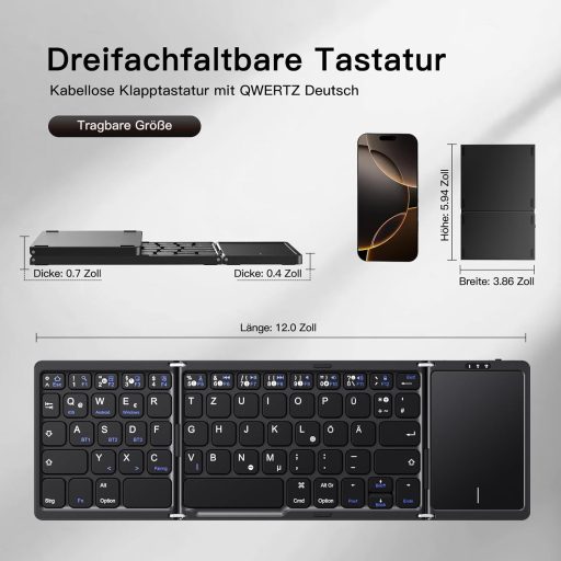 Vobafe Bluetooth Összecsukható Billentyűzet Touchpaddal, Hordozható Vezeték Nélküli Mini Billentyűzet QWERTZ