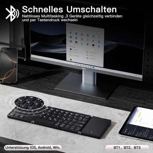 Vobafe Bluetooth Összecsukható Billentyűzet Touchpaddal, Hordozható Vezeték Nélküli Mini Billentyűzet QWERTZ