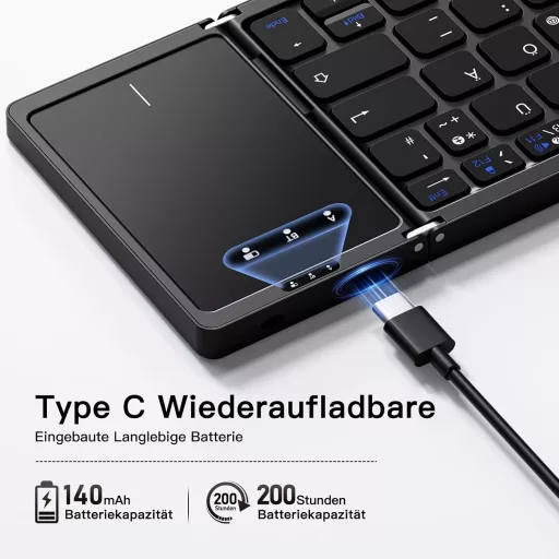 Vobafe Bluetooth Összecsukható Billentyűzet Touchpaddal, Hordozható Vezeték Nélküli Mini Billentyűzet QWERTZ