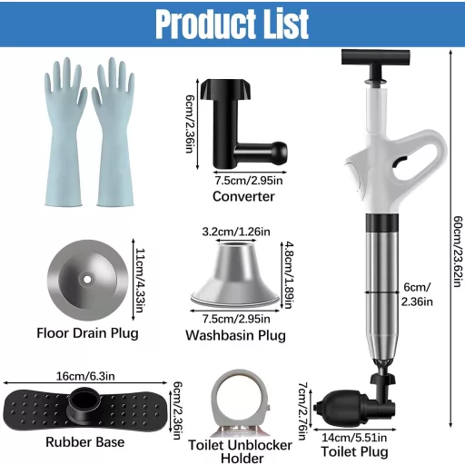 Desfundător WC cu presiune 4 Capete + Mănuși + Suport