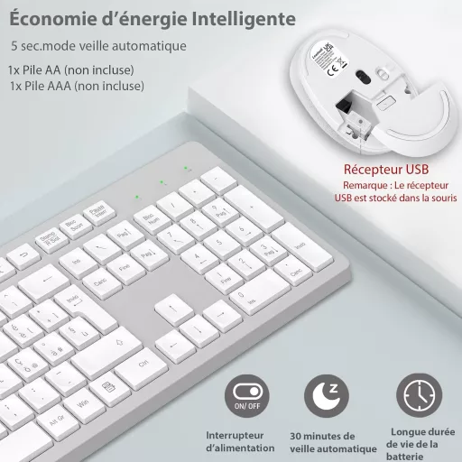 LeadsaiL Vezeték nélküli billentyűzet és egér szett, AZERTY, fehér-szürke