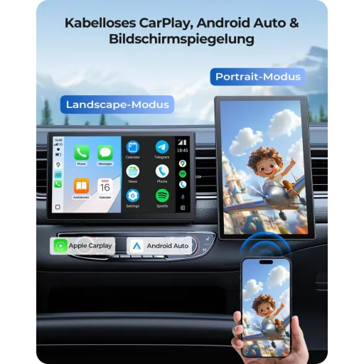 Krunia 9 Inch Wireless CarPlay Display 60FPS Android Auto GPS Navigáció Mágneses Tartó