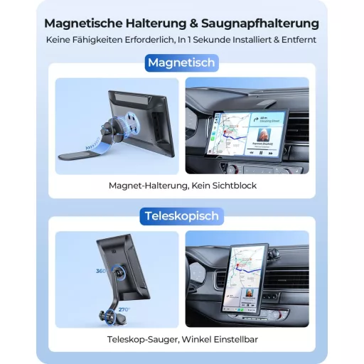 Ecran Krunia 9 inch cu CarPlay wireless, 60FPS, Android Auto, Navigație GPS și Suport Magnetic