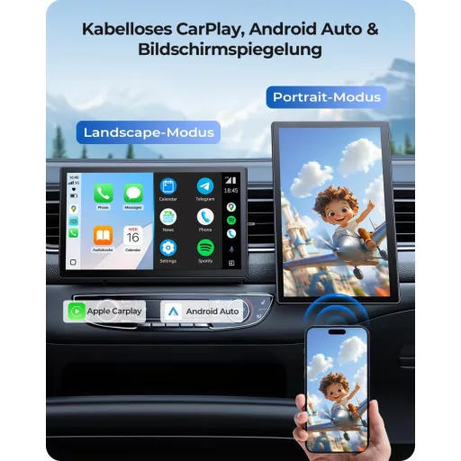 Ecran Krunia 9 inch cu CarPlay wireless, 60FPS, Android Auto, Navigație GPS și Suport Magnetic