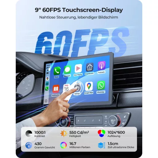 Ecran Krunia 9 inch cu CarPlay wireless, 60FPS, Android Auto, Navigație GPS și Suport Magnetic