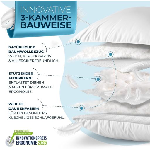 Glückstoff 80x80 cm-es Paplan Párna Szett 2 db, 100% Liba Toll, Ergonomikus 3 Kamrás Fekvőpárna