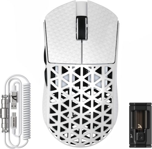 ATTACK SHARK R5 Ultra Szénszálas Gamer Egér, 39g Szuperkönnyű, 8000Hz Vezeték Nélküli, 42000 DPI, Bluetooth/2.4G/Vezetékes, Fehér