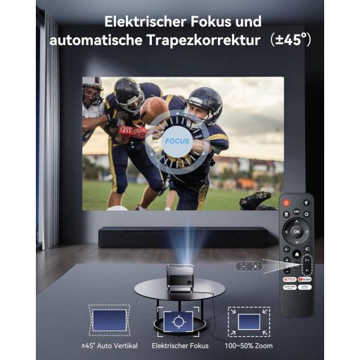 Prenosný 4K projektor Polocsh P7, 1500 ANSI lúmenov, 1080P FHD rozlíšenie, WiFi 6, Bluetooth, automatická korekcia lichobežníkového skreslenia, elektrické zaostrovanie, oceľovo sivý