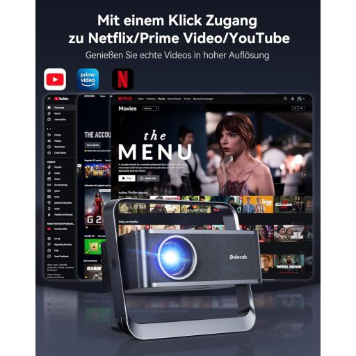 Proiector Portabil 4K Polocsh P7 1500 ANSI Lumeni, Rezoluție 1080P FHD, WiFi 6, Bluetooth, Keystone Automat, Focalizare Electrică, Gri Oțel