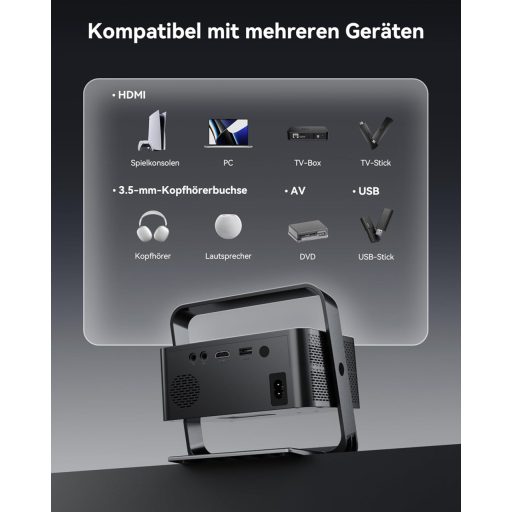 Proiector Portabil 4K Polocsh P7 1500 ANSI Lumeni, Rezoluție 1080P FHD, WiFi 6, Bluetooth, Keystone Automat, Focalizare Electrică, Gri Oțel