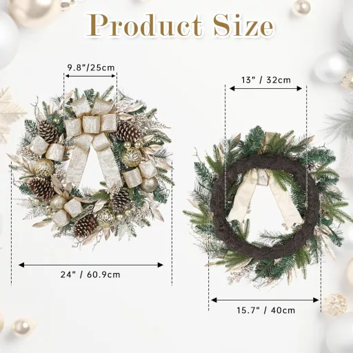 Coroniță de Crăciun pentru Ușă Arborus 60 cm, Coroană de Advent Artificială cu Conuri de Brad, Șampanie