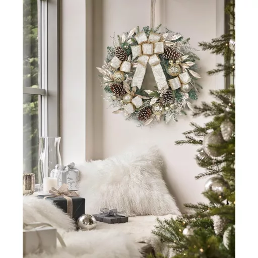 Arborus Karácsonyi Ajtódísz 60 cm Mesterséges Adventi Koszorú Tobozokkal Champagne