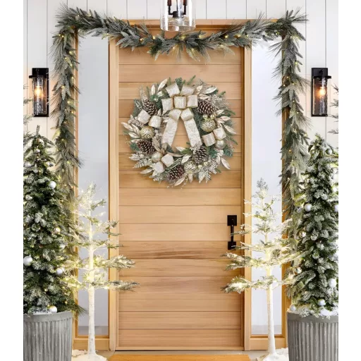 Coroniță de Crăciun pentru Ușă Arborus 60 cm, Coroană de Advent Artificială cu Conuri de Brad, Șampanie