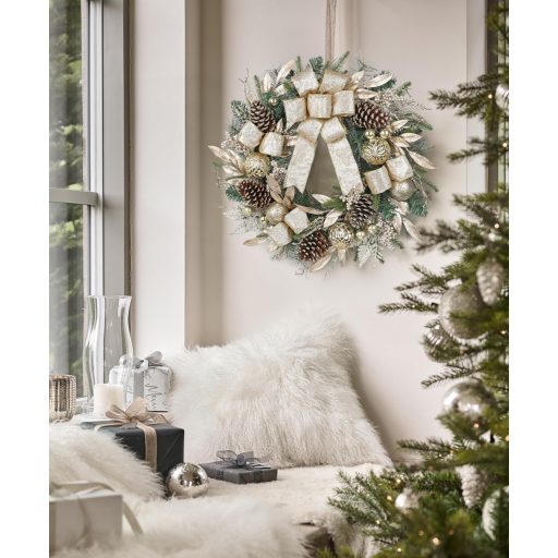 Arborus Karácsonyi Ajtódísz 60 cm Mesterséges Adventi Koszorú Tobozokkal Champagne