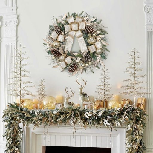 Arborus Karácsonyi Ajtódísz 60 cm Mesterséges Adventi Koszorú Tobozokkal Champagne