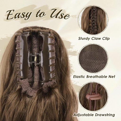 FESHFEN Vlnitý konský chvost s klipom - 63 cm Dlhý kučeravý príčesok, medová blond a svetlohnedá zmes, tepelne odolné syntetické vlasy