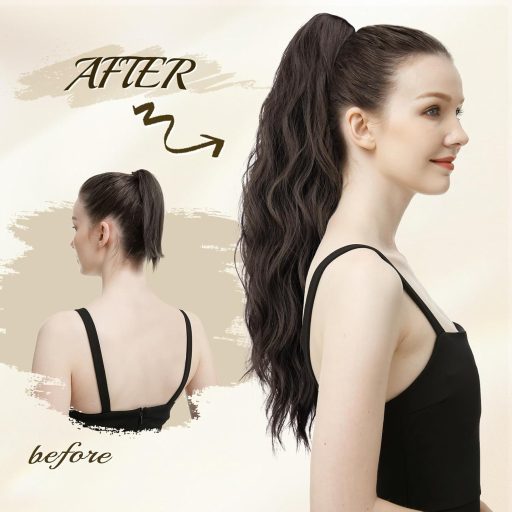 FESHFEN Vlnitý konský chvost s klipom - 63 cm Dlhý kučeravý príčesok, medová blond a svetlohnedá zmes, tepelne odolné syntetické vlasy