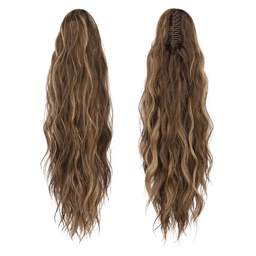 FESHFEN Hullámos Lófarok Póthaj Csipesszel - 63 cm Hosszú Göndör Hajhosszabbítás, Mézes Szőke és Világosbarna Keverék, Hőálló Műhaj