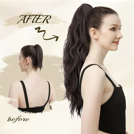 FESHFEN Hullámos Lófarok Póthaj Csipesszel - 63 cm Hosszú Göndör Hajhosszabbítás, Mézes Szőke és Világosbarna Keverék, Hőálló Műhaj