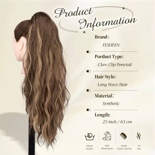 FESHFEN Hullámos Lófarok Póthaj Csipesszel - 63 cm Hosszú Göndör Hajhosszabbítás, Mézes Szőke és Világosbarna Keverék, Hőálló Műhaj