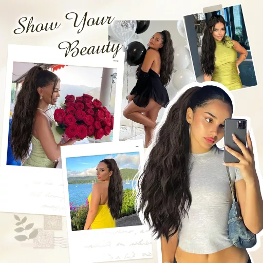 FESHFEN Syntetický vlnitý príčesok typu konský chvost, bordový, 63 cm