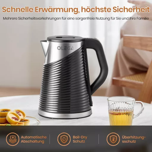 Elektrická rýchlovarná kanvica OLEGA 1800W 1,8L z nehrdzavejúcej ocele, dvojstenná, rýchly ohrev