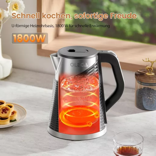 OLEGA Elektromos Vízforraló 1800W 1.8L Rozsdamentes Acél Dupla Falú Gyors Felmelegítés