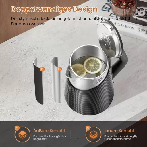 OLEGA Elektromos Vízforraló 1800W 1.8L Rozsdamentes Acél Dupla Falú Gyors Felmelegítés