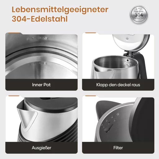 OLEGA Elektromos Vízforraló 1800W 1.8L Rozsdamentes Acél Dupla Falú Gyors Felmelegítés