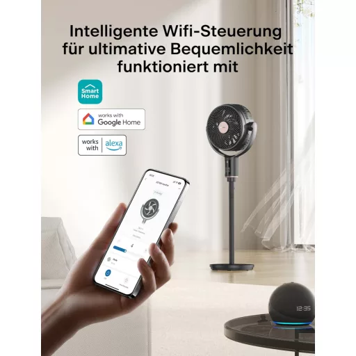 PELONIS 135° Oscilirajući Pametni Stojeći Ventilator, Tihi DC Motor, 9 Brzina, Visina 36-110cm