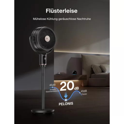 PELONIS 135° Oscilirajući Pametni Stojeći Ventilator, Tihi DC Motor, 9 Brzina, Visina 36-110cm