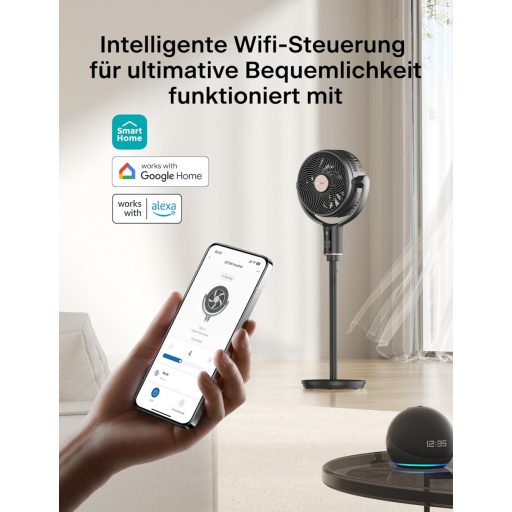 Ventilator inteligent de podea oscilant PELONIS 135°, motor silențios DC, 9 viteze, înălțime 36-110 cm
