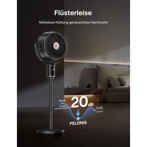 Ventilator inteligent de podea oscilant PELONIS 135°, motor silențios DC, 9 viteze, înălțime 36-110 cm