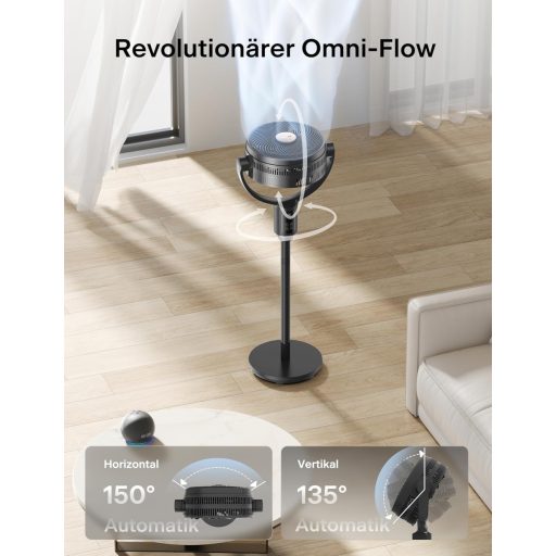 Ventilator inteligent de podea oscilant PELONIS 135°, motor silențios DC, 9 viteze, înălțime 36-110 cm