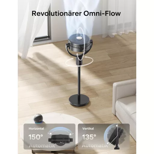 PELONIS 135° Oszcilláló Okos Álló Ventilátor, Csendes DC Motor, 9 Fokozat, 36-110cm Magasság