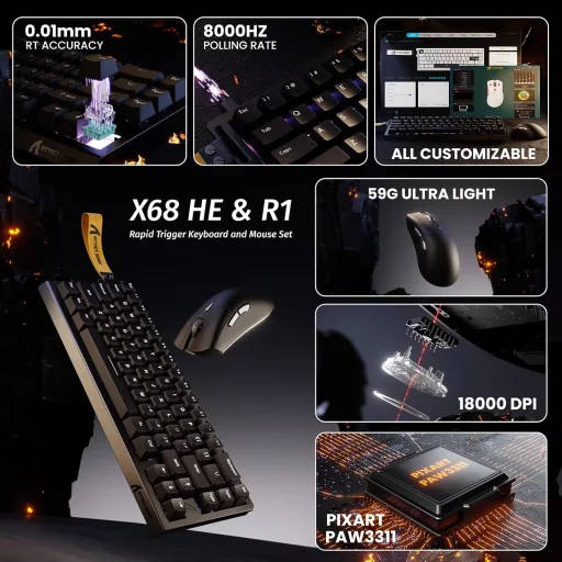ATTACK SHARK X68 HE & R1 Gamer Billentyűzet-Egér Szett, 8000 Hz Gyorstrigger, 59g Szuperkönyű Vezeték Nélküli Egér, 18000DPI, RGB Háttérvilá