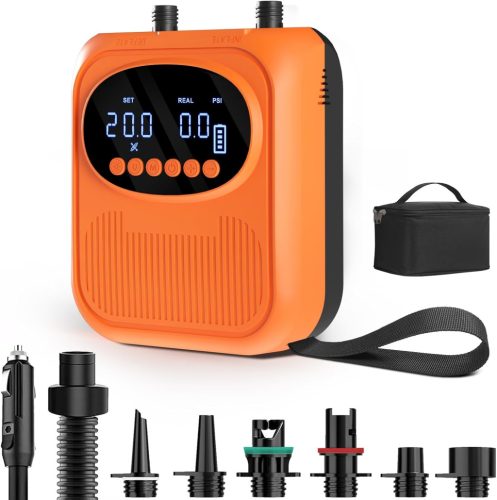 Mojimdo Elektromos SUP Pumpa 20 PSI - Akkumulátoros, 5 Üzemmóddal, Kompakt Hordszíjjal, Automata Kikapcsolással - Kajak, Sátor, Matrac Felfú