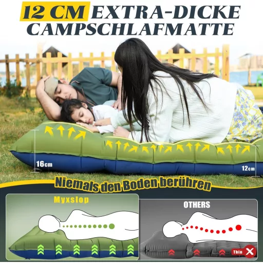 Saltea autogonflabilă de camping Myxslop 12 cm - Dublă, ultraușoară, cu pernă și pompă integrate - Pentru drumeții, camping, călătorii