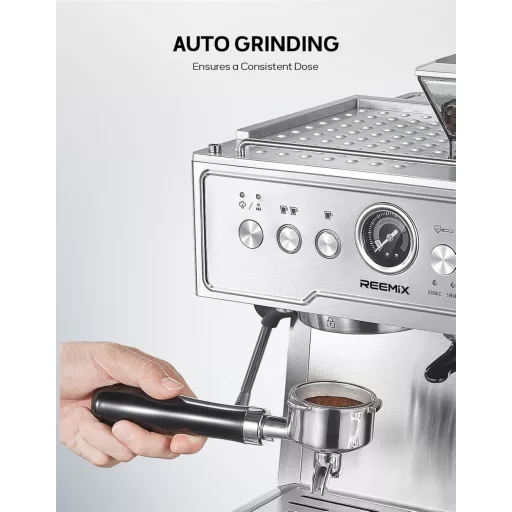 Reemix 20 Bar Espresso Kávéfőző Beépített Kávédarálóval és Tejhabosítóval Rozsdamentes