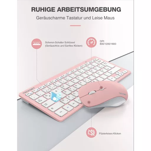 TECKNET Wireless Billentyűzet és Egér Szett, Német QWERTZ, 2.4 GHz, Rózsaszín