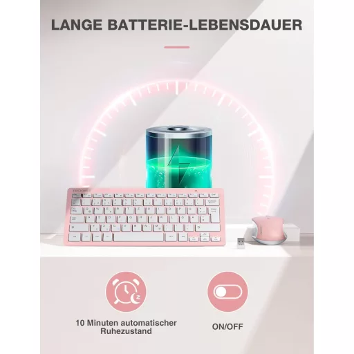 TECKNET Wireless Billentyűzet és Egér Szett, Német QWERTZ, 2.4 GHz, Rózsaszín