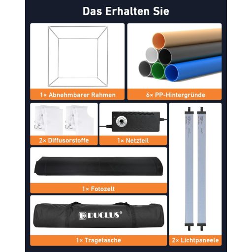 DUCLUS 60 cm Professzionális Fotódoboz LED Világítással, 6 Háttérrel