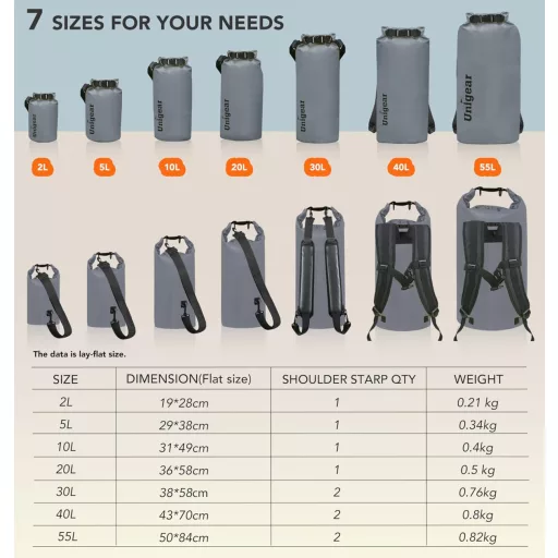 Unigear vízhatlan táska 2L-40L, hátitáska telefontartóval és pánt, kajak, csónak, kempingezés