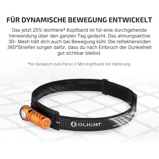 OLIGHT Perun 3 Mini fejlámpa 1250 lumen, vízálló, piros fény, 8 mód - Orange