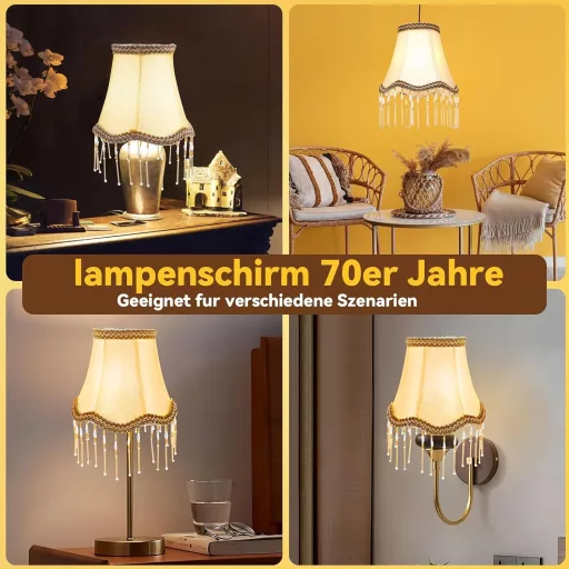 Jadyon Retro tienidlo s strapcami – vintage okrúhle textilné tienidlo v štýle 70. rokov so závitom E14/E27 na stolné, stojacie a nástenné lampy, béžovej farby.