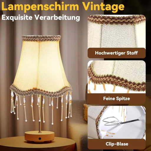 Jadyon Retro tienidlo s strapcami – vintage okrúhle textilné tienidlo v štýle 70. rokov so závitom E14/E27 na stolné, stojacie a nástenné lampy, béžovej farby.