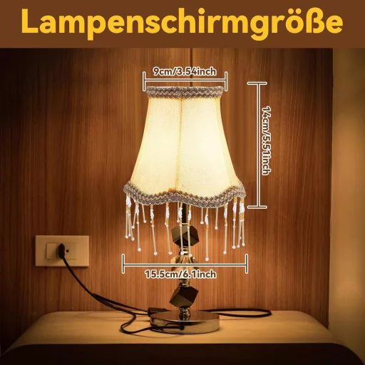 Jadyon Retro tienidlo s strapcami – vintage okrúhle textilné tienidlo v štýle 70. rokov so závitom E14/E27 na stolné, stojacie a nástenné lampy, béžovej farby.