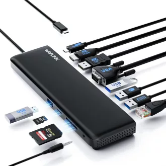   WAVLINK USB-C dokkoló 3 monitor támogatással, HDMI/DP/VGA, 100W töltés, Ethernet, SD/TF olvasó